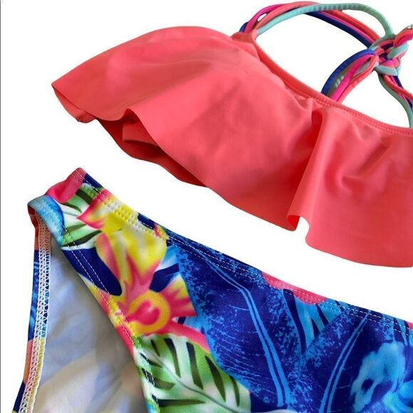 2 piece bikini , racer back to, Hawaiian print bottom. Size med. Pink & blue - Picture 6 of 7